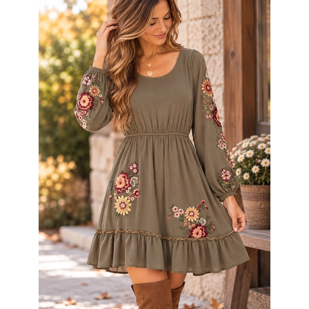 Andree by Unit Olive Green Floral Embroidered Long Sleeve Mini Dress Medium